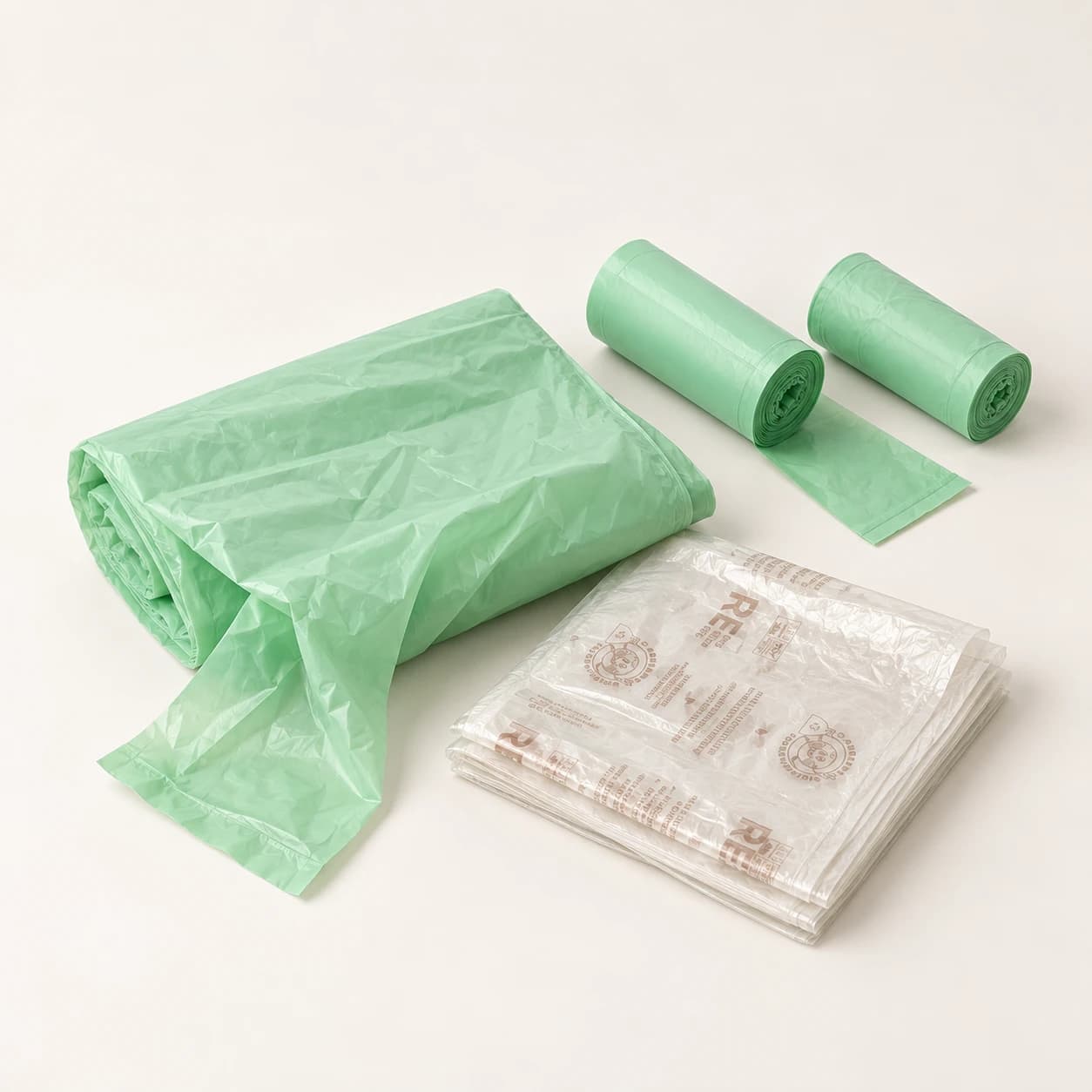 Green compostable bag rolls and folded bags beside translucent white bags on a light background